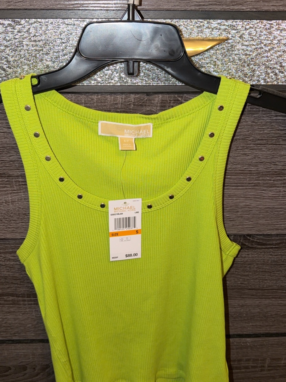 MICHAEL Michael Kors Neon Lime Ribbed Tank with Stud Accents